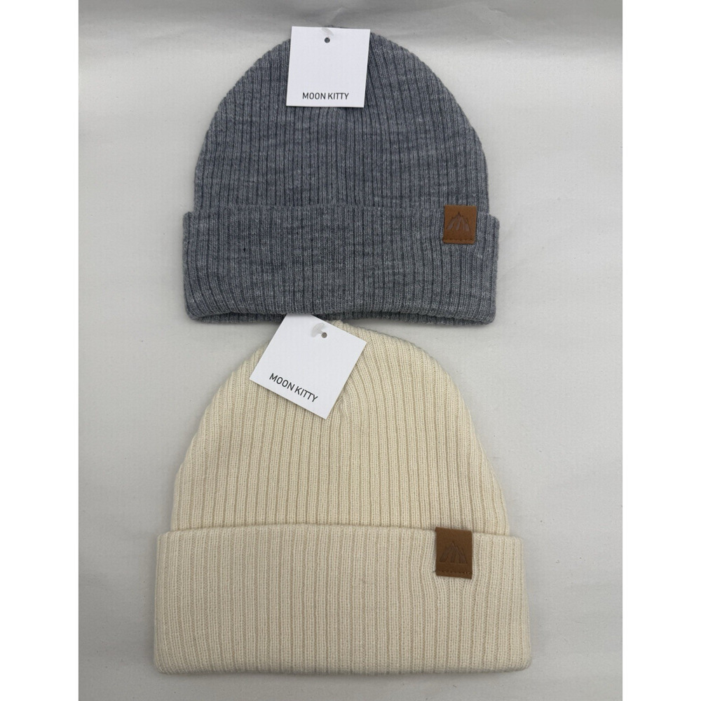 Moon Kitty Beanie Beige and Gray Size M 100% Acrylic NWT 2-pieces